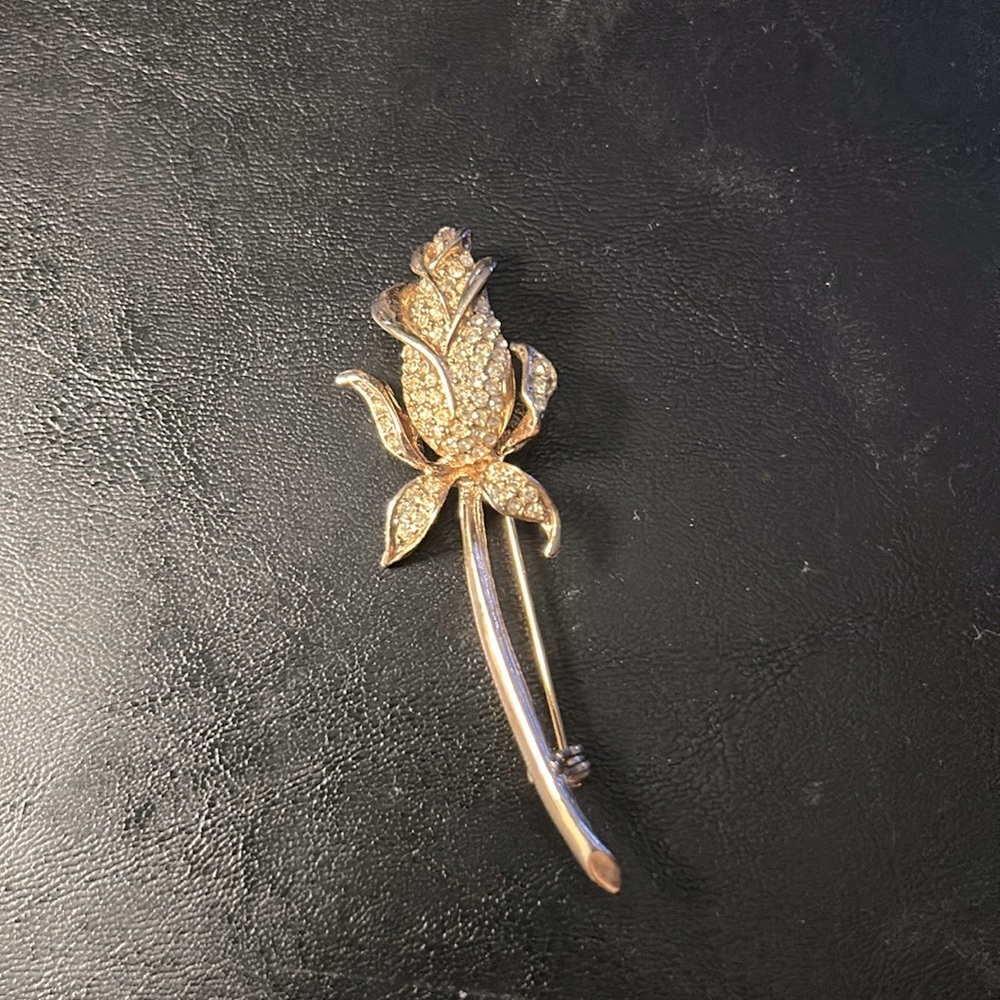 Vtg Rose Rhinestone Brooch 3 inches signed gold tone Michelle lynn